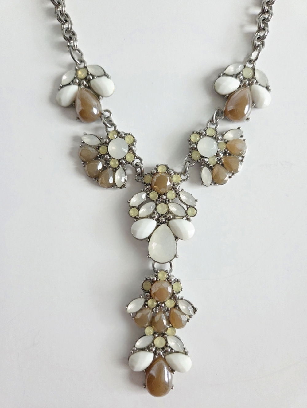 New York & Company White and Taupe Statement Y-Necklace With Silver Chain - Picture 4 of 12
